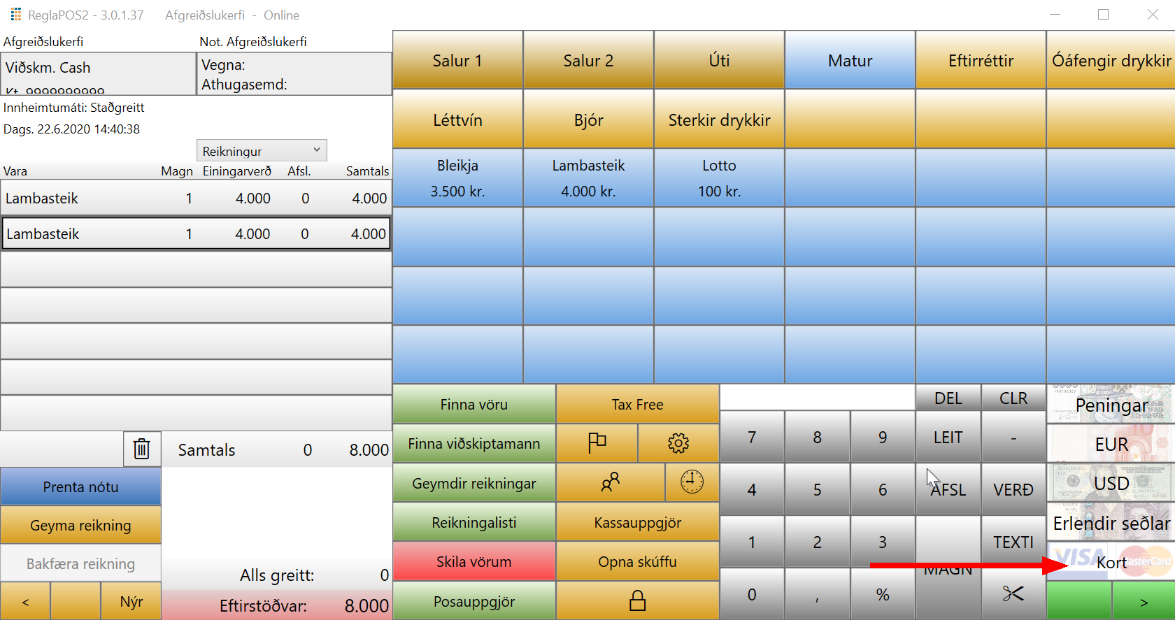 POS greitt með korti